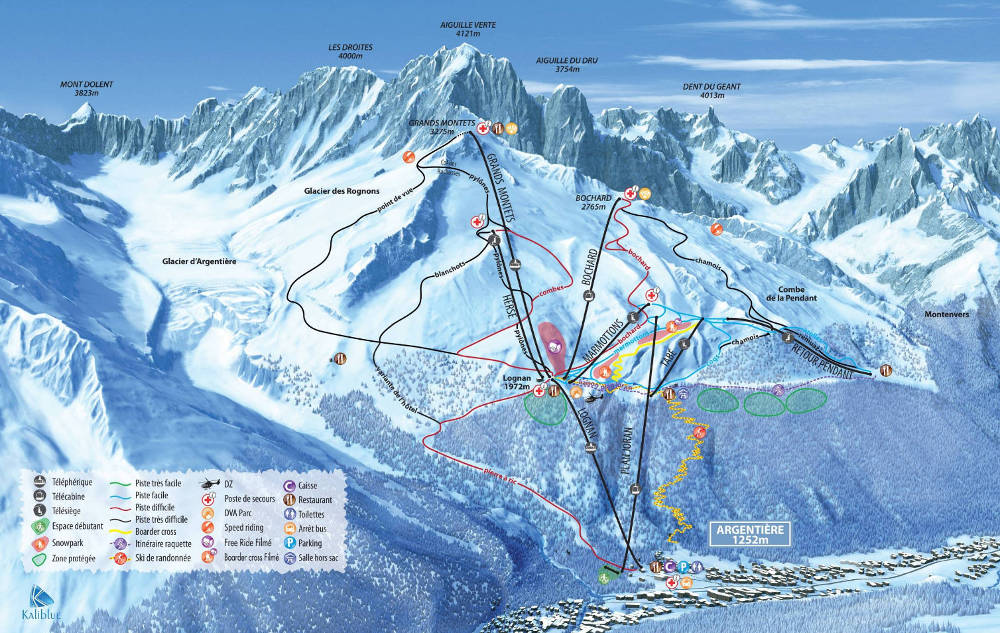 Carte détaillée des Grands Montets - pistes, remontées mécaniques, snowpark