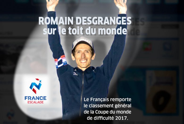 Romain Desgranges remporte la Coupe du monde de difficulté 2017! Photo source: FFME - Fédération Française de la Montagne et de l'Escalade